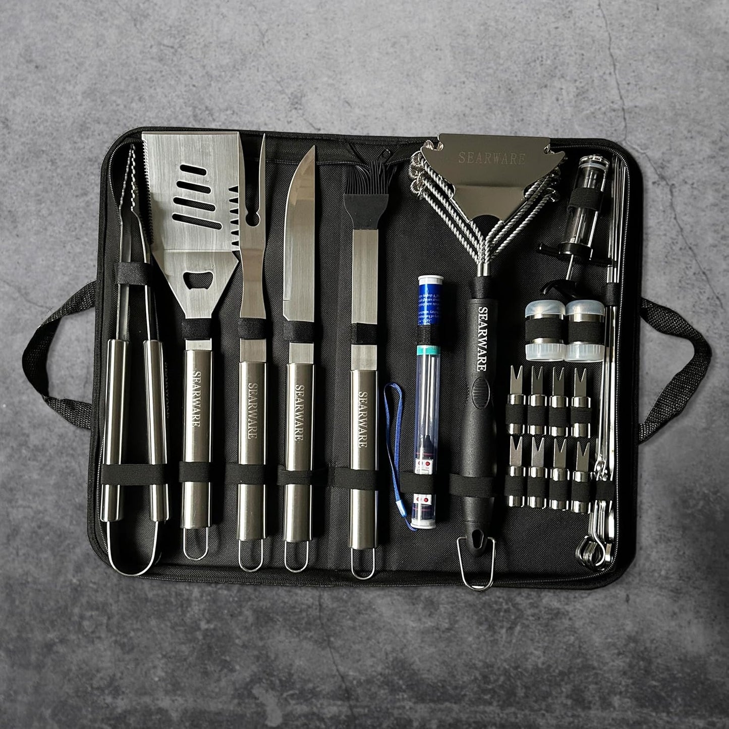 Barbecue Grill Tool Set - Stainless Steel - Strong Durable Design - Heat Resistant Glove & Bristle Free Grill Brush - Thermometer, Meat Injector, & Corn Skewers - Perfect For Smokers & Grills