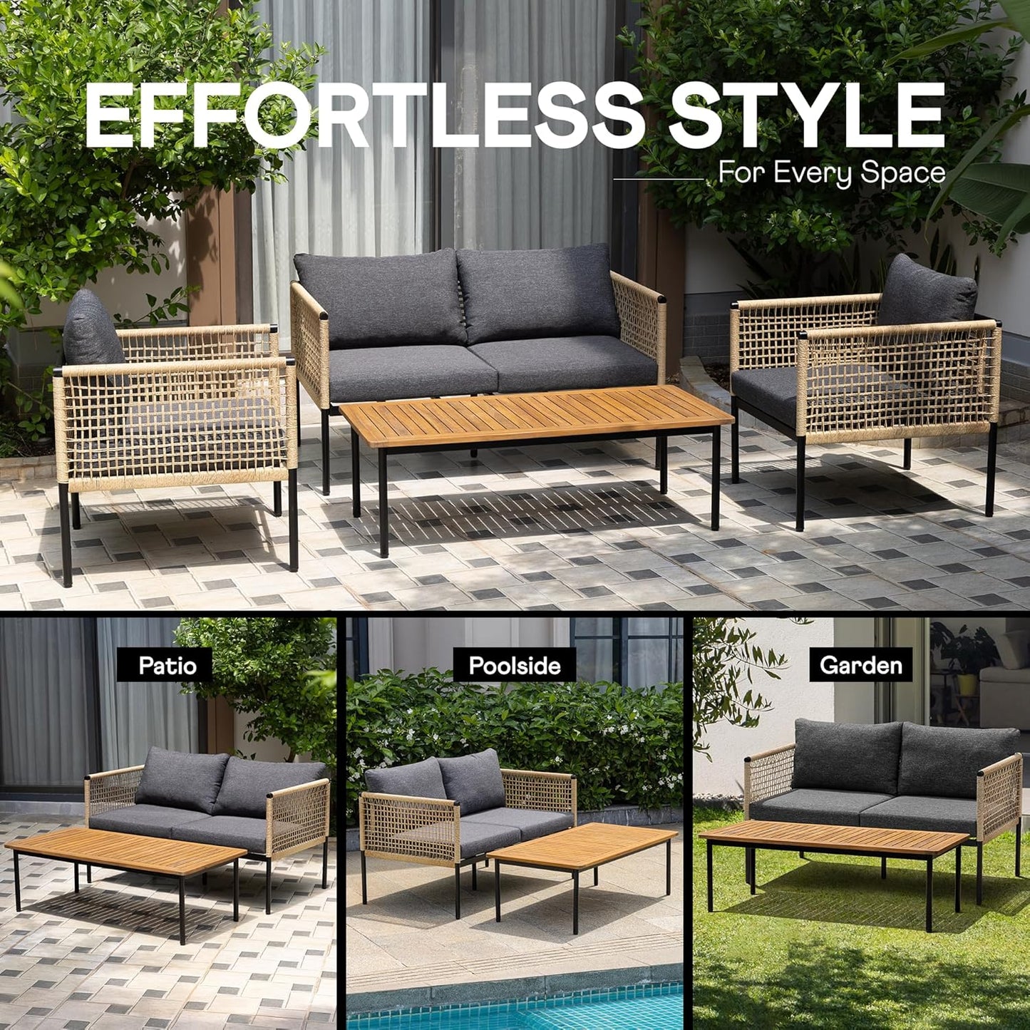 Idzo Oscar Wicker Metal Loveseat with Coffee Table – Black, 2-Seater Outdoor Sofa Set for Small Patios, Balcony or Garden, Heavy-Duty Love Seat Couches for Relaxing and Entertaining