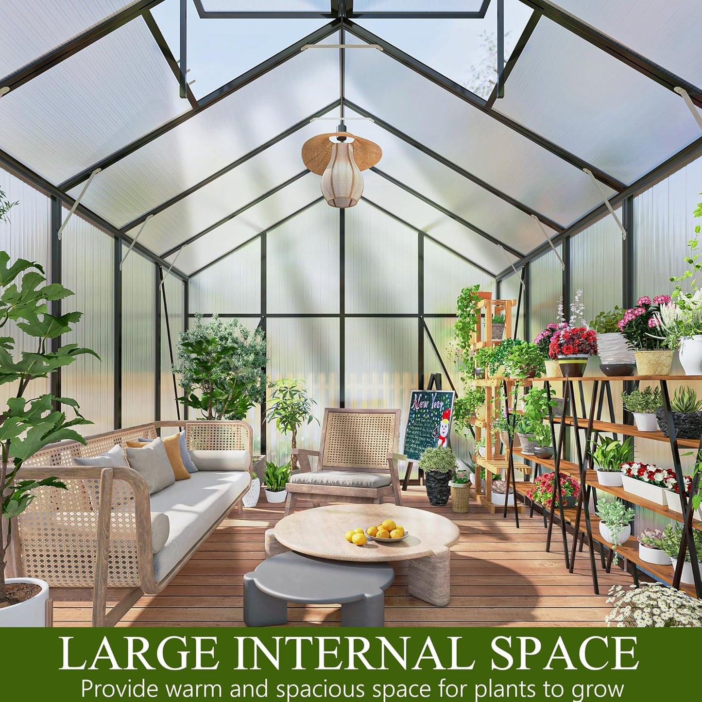 120 * 168 * 104in Greenhouse for Outdoors,Polycarbonate Greenhouse with Stronger Wind Protection and Roof Vent,Walk-in Large Aluminum Sunroom Winter Proof,Black