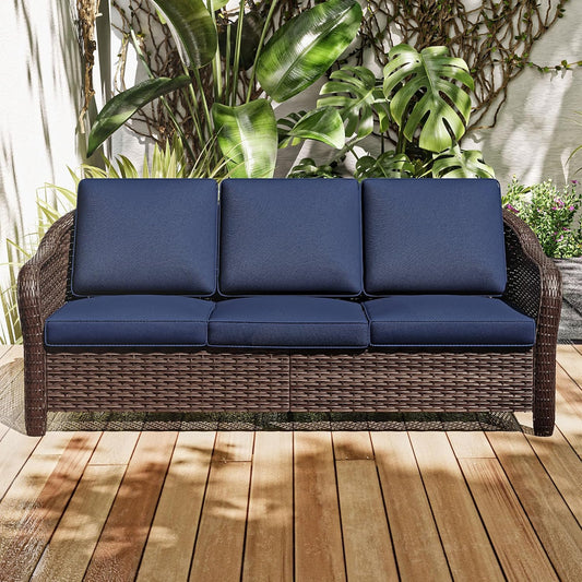 78" Wicker 3-seat Sofa, Outdoor Conversation Furniture, All-Weather Rattan Couch, Steel Frame Couch with Cushions for Garden, Poolside, Porch (Navy Blue)