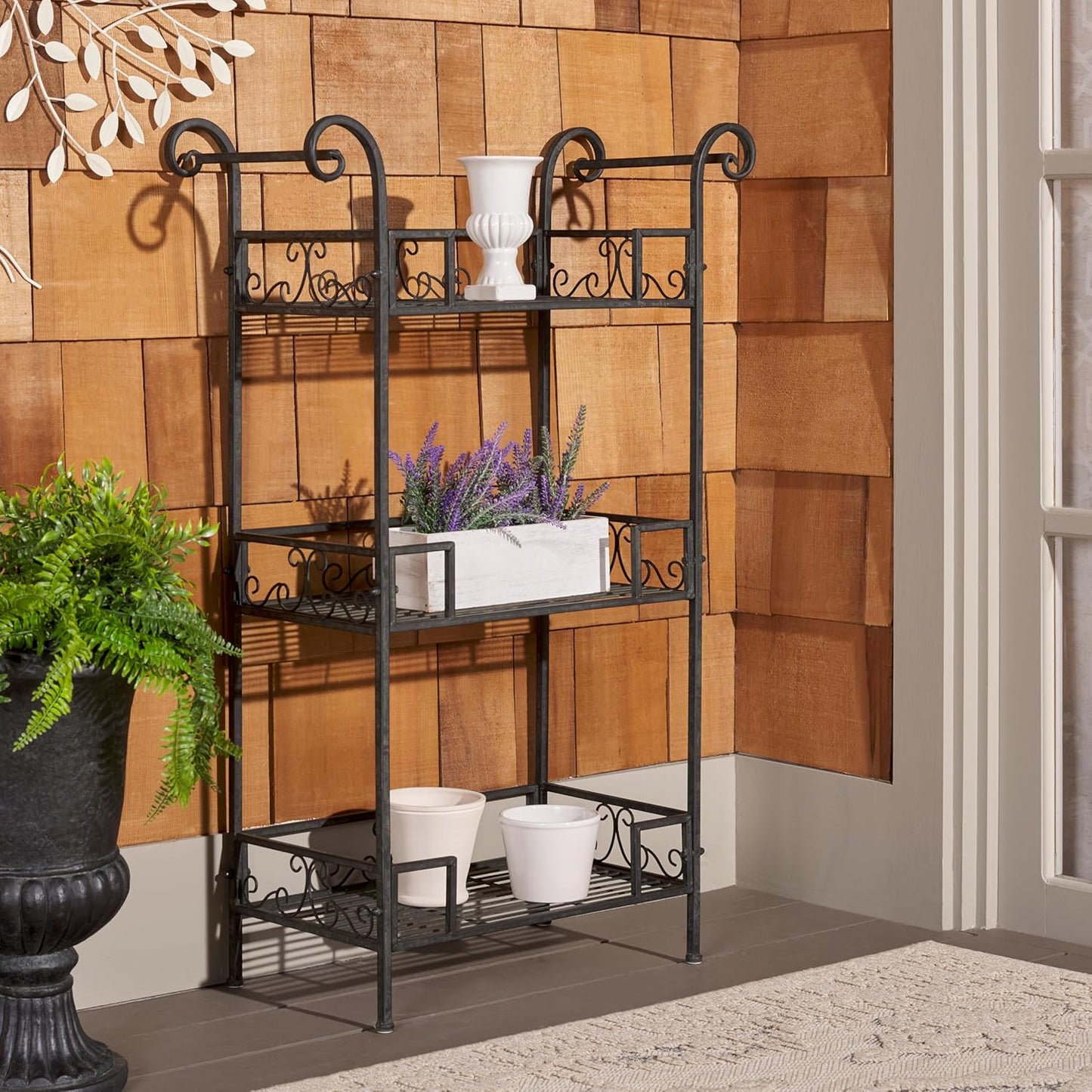 SAFAVIEH Outdoor Collection Noreen Victorian Scroll Antique Black Iron 3-Tier Shelf