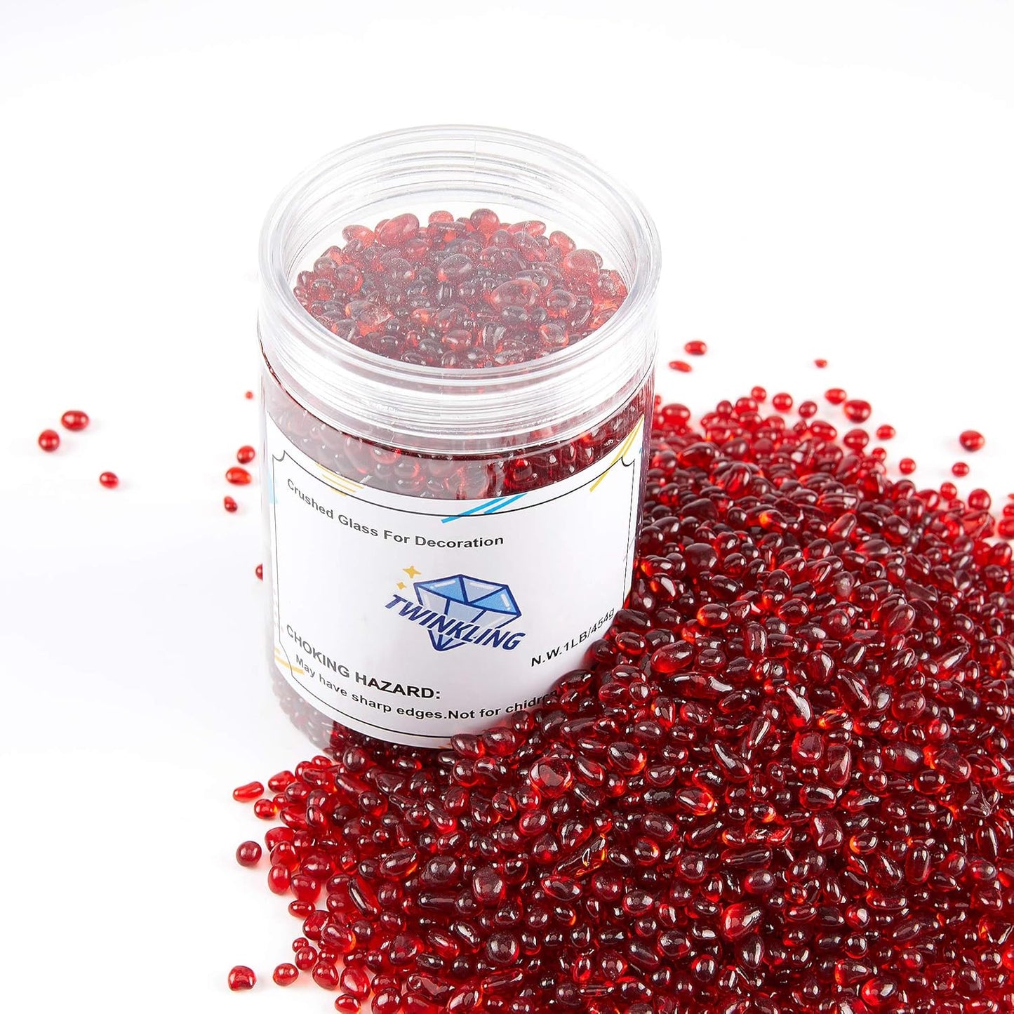 TWINKLING High Luster Round Fire Glass Stones,Glass Marbles Pebbles,Glass Beads Gems for Fire Pit Vase Fillers Crafts Aquarium Garden Decoration,3-6mm,1-Pound Jar (Red)