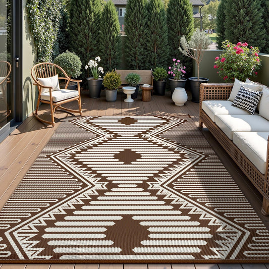 MontVoo Outdoor Rug-Waterproof Camping Rug Patio Rug Mat 6x9 Reversible Plastic Straw Outside Outdoor Rug for RV Camping Picnic Balcony Backyard Pool Deck Porch Modern Boho Beige Brown