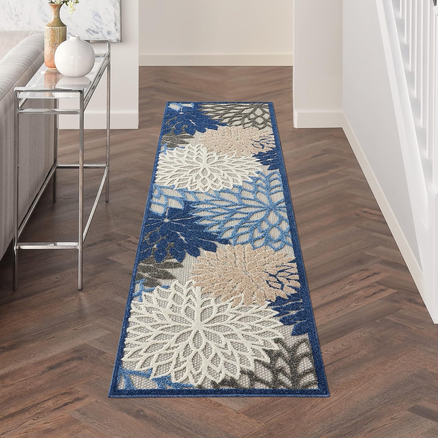 Nourison Aloha Indoor/Outdoor Blue/Multicolor 2'3" x 10' Area Rug, Tropical, Botanical, Easy Cleaning, Non Shedding, Bed Room, Living Room, Dining Room, Deck, Backyard, Patio (2x10)