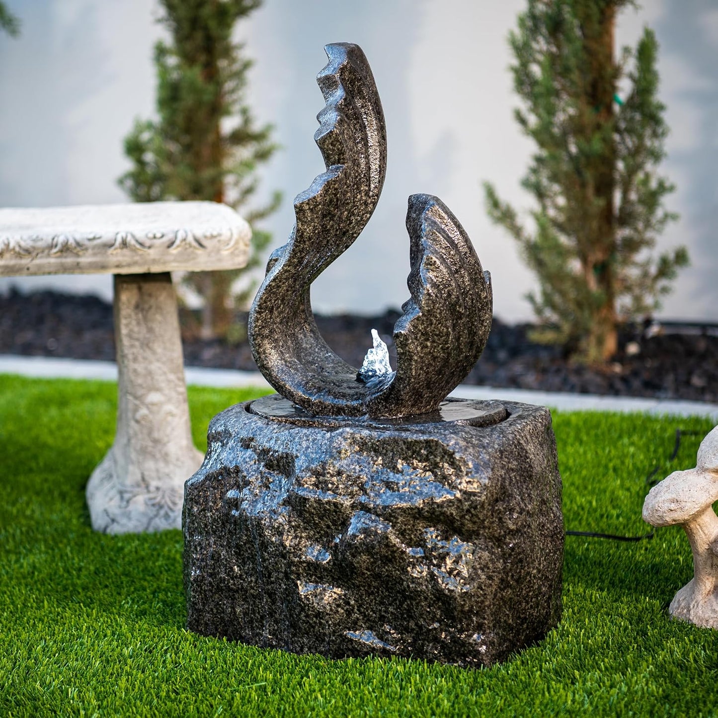 XBrand 25 in H Stone-Look Sculptural Modern Freestanding Fiber Resin Outdoor Garden Fountain w/LED Light, Black