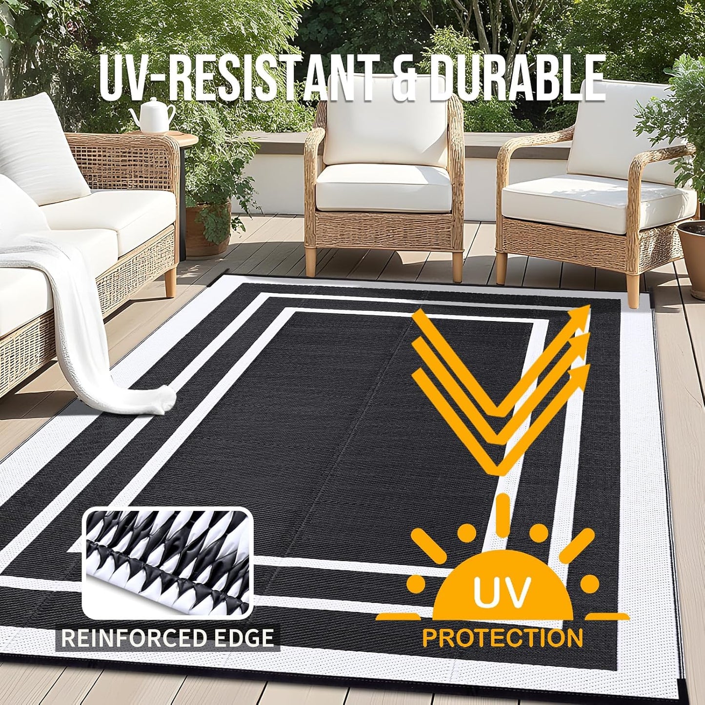 OLANLY Outdoor Rug 8x10 ft Waterproof, Reversible Outdoor Plastic Straw Rug, RV Mat, Indoor Outdoor Carpet Clearance for Patio, Camping, Balcony, Deck, Backyard, Black & White