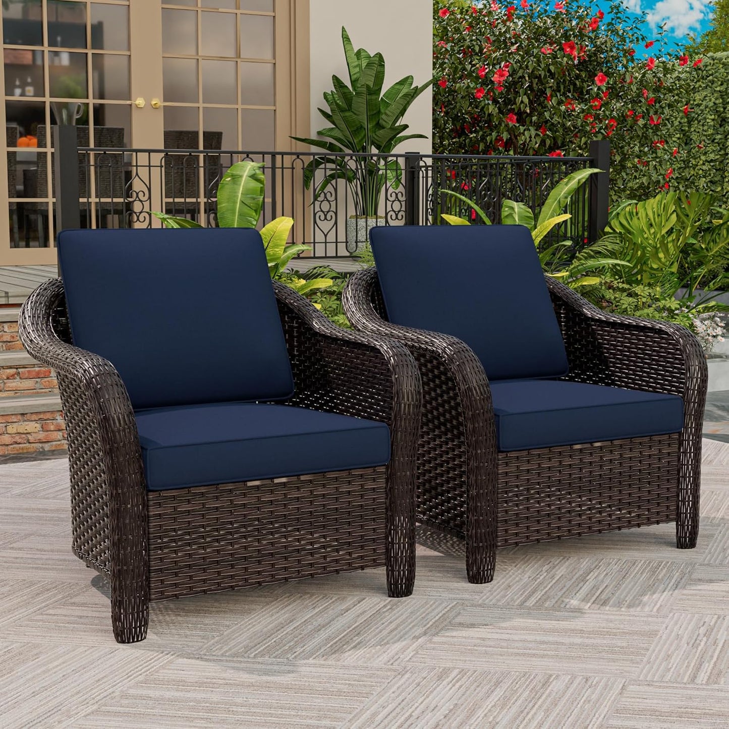 Outdoor Wicker Chair Set of 2, All-Weather Use Patio Rattan Chair with Seat and Back Cushion, Ideal for Porch, Backyard, Balcony, Poolside, Blue