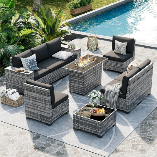 UDPATIO Patio Furniture Set with Fire Pit Table, 8 Inch Armrest Outdoor Sectional Sofa, 9 Piece Wicker Outdoor Furniture Conversation Sets with Waterproof Cover for Backyard Deck(Grey/Black)
