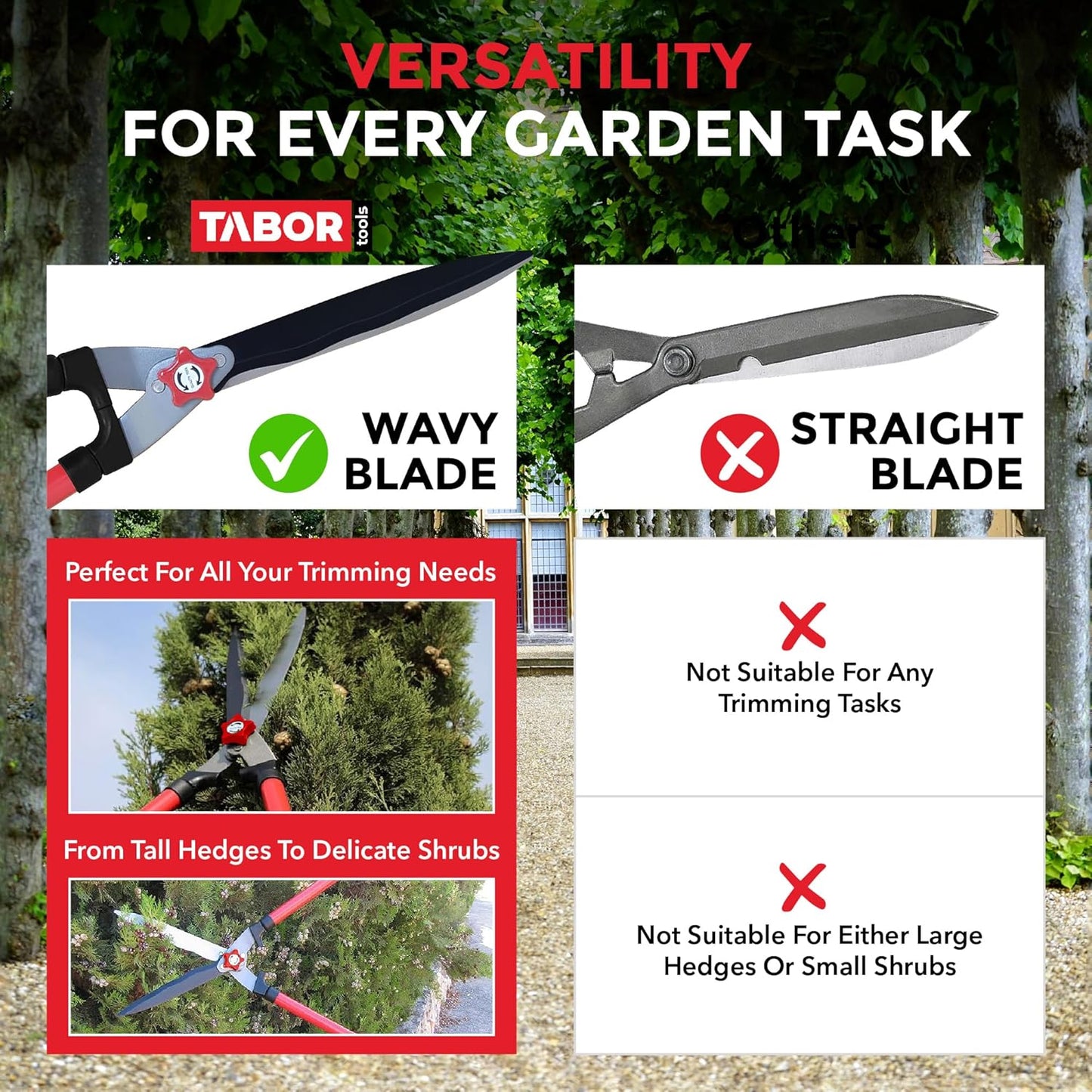 TABOR TOOLS B620A Hedge Shears with Wavy Blade for Trimming Borders, Boxwood, and Bushes, Manual Hedge Clippers with Comfort Grip Handles.