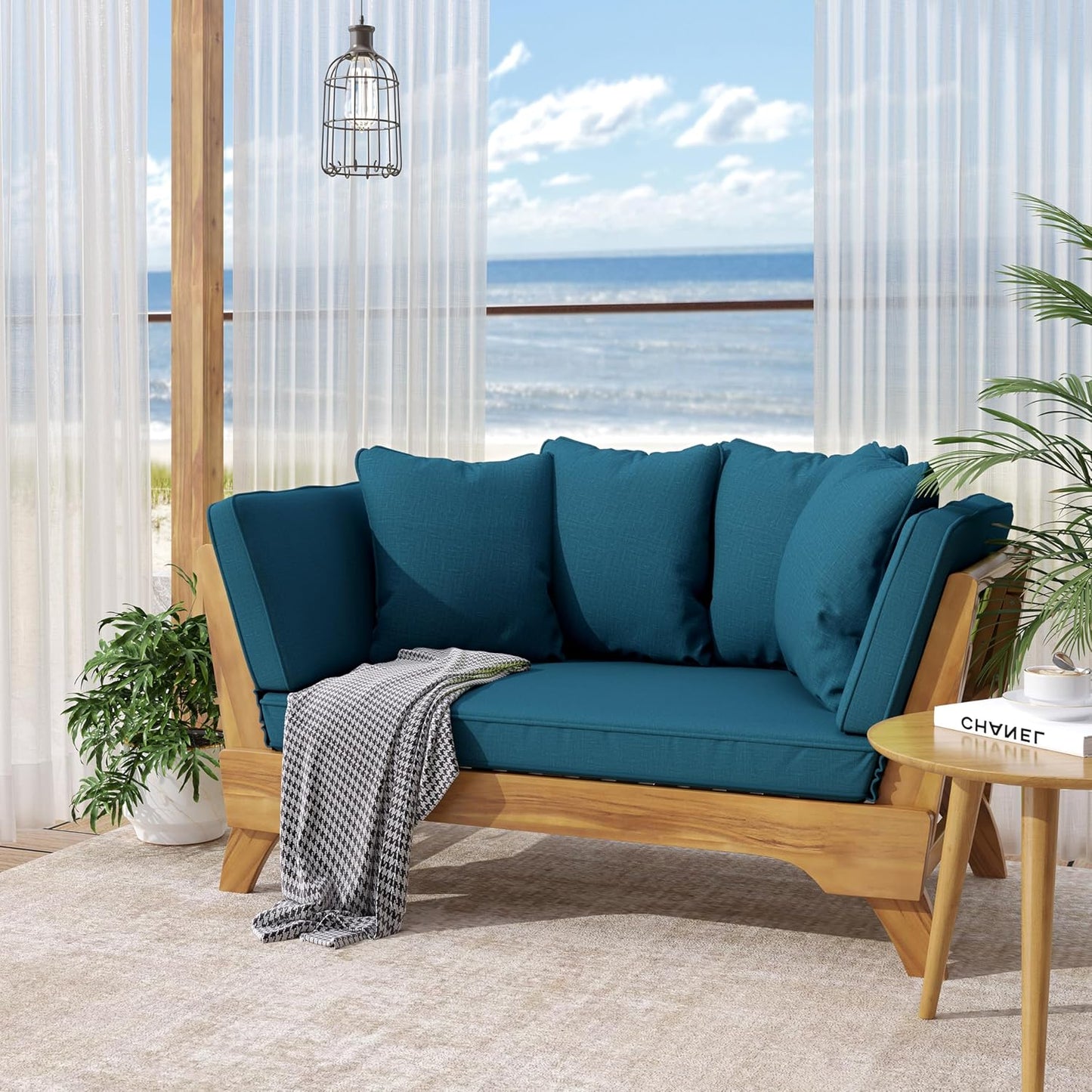 Outdoor Adjustable Patio Wooden Serene Daybed Sofa Chaise Lounge with Cushions for Small Places, Sleeper Chair with Armrest for Backyard, Poolside (Blue)