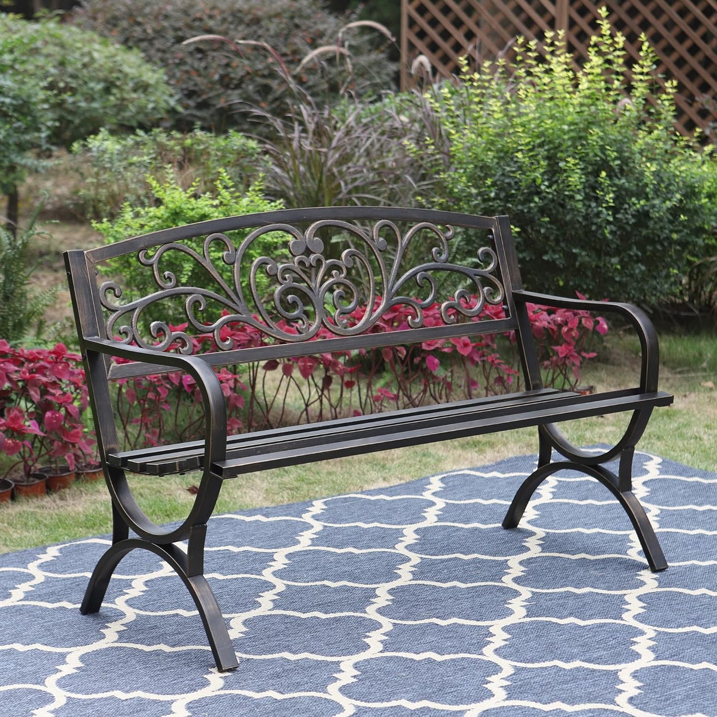 Sophia & William Metal Outdoor Bench, 50" Outdoor Garden Bench Patio Park Bench, Cast Iron Park Benches for Outside with Floral Design Backrest, Bronze
