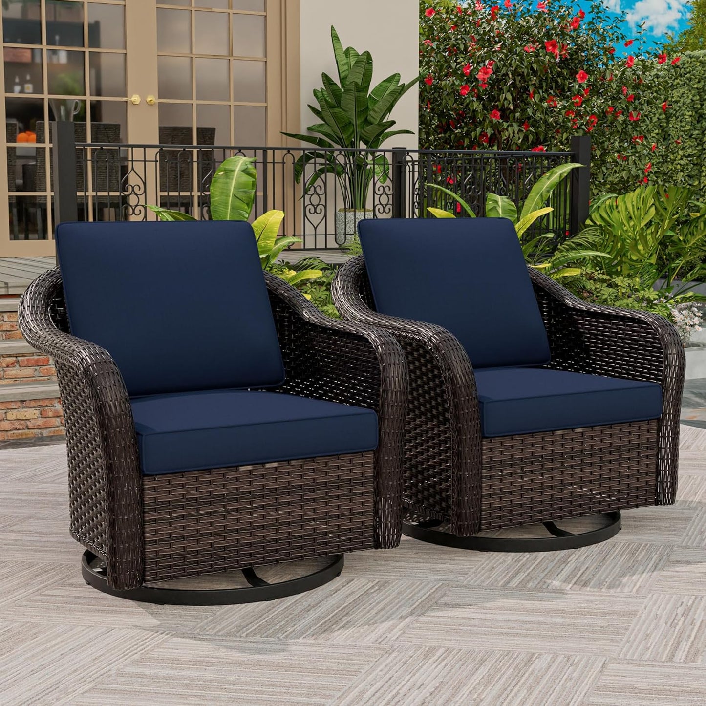 Outdoor Wicker Swivel Chair Set of 2, All-Weather Use Patio Rattan Chair with Seat and Back Cushion, Ideal for Porch, Backyard, Balcony, Poolside, Blue