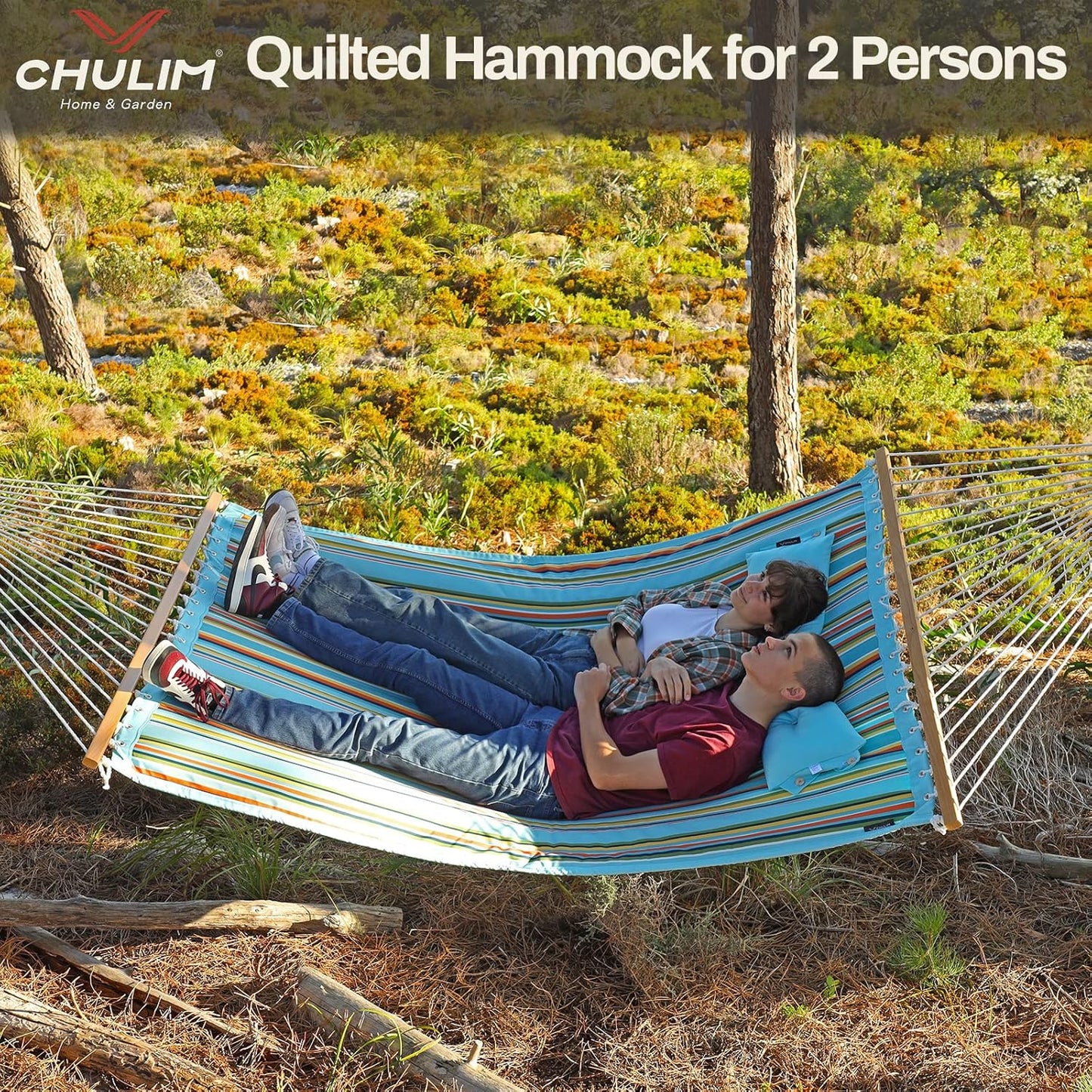 12 FT Double Quilted Fabric Hammock with Spreader Bars and Pillow 450 LBS Weight Capacity 2 Person Hammock for Outdoor Patio Backyard Poolside Blue Stripes