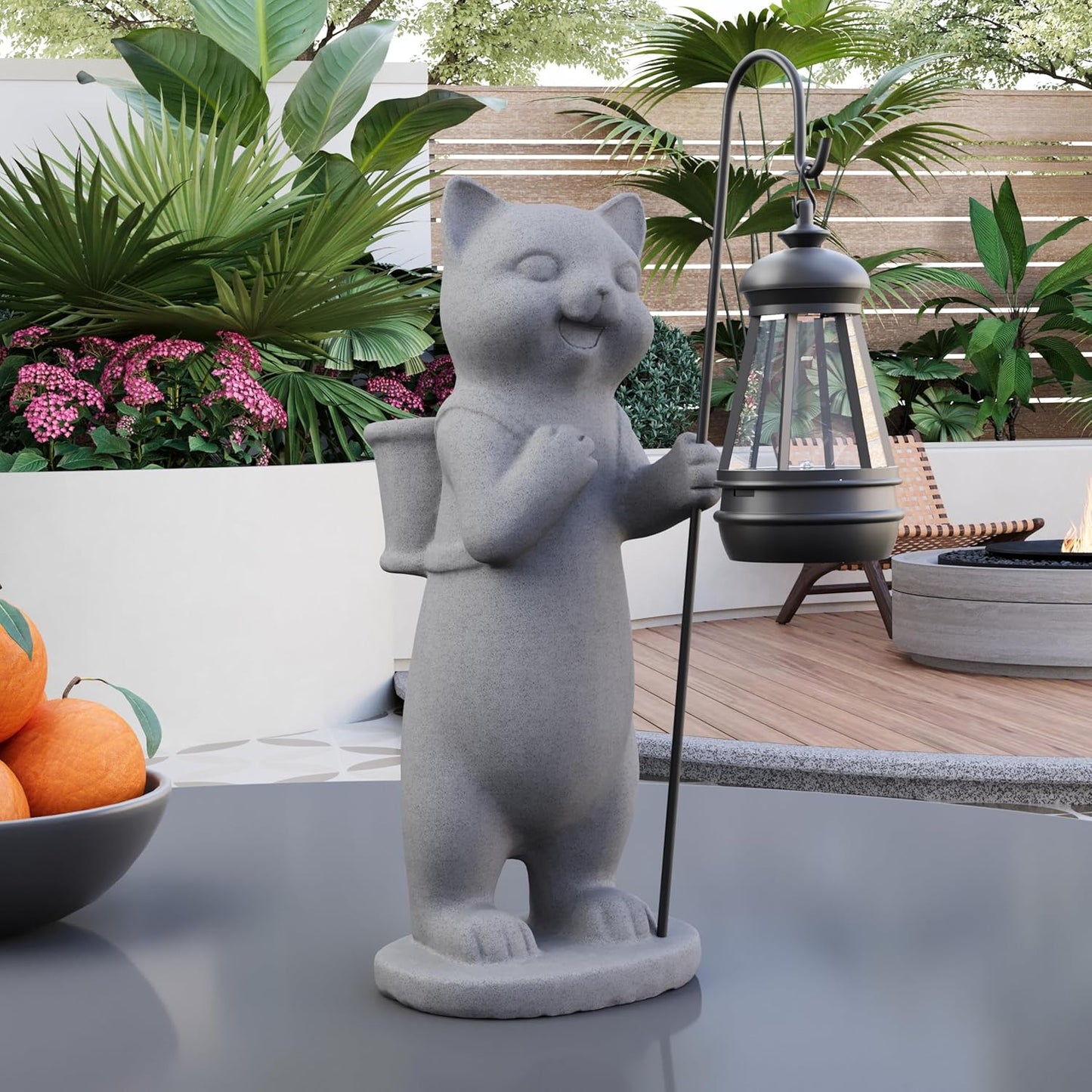 Garden Decoration, Figurine, Lawn Statue, Sculpture Ornament, Animal Figurine - Cat Resin Statue with Lantern (Basket)
