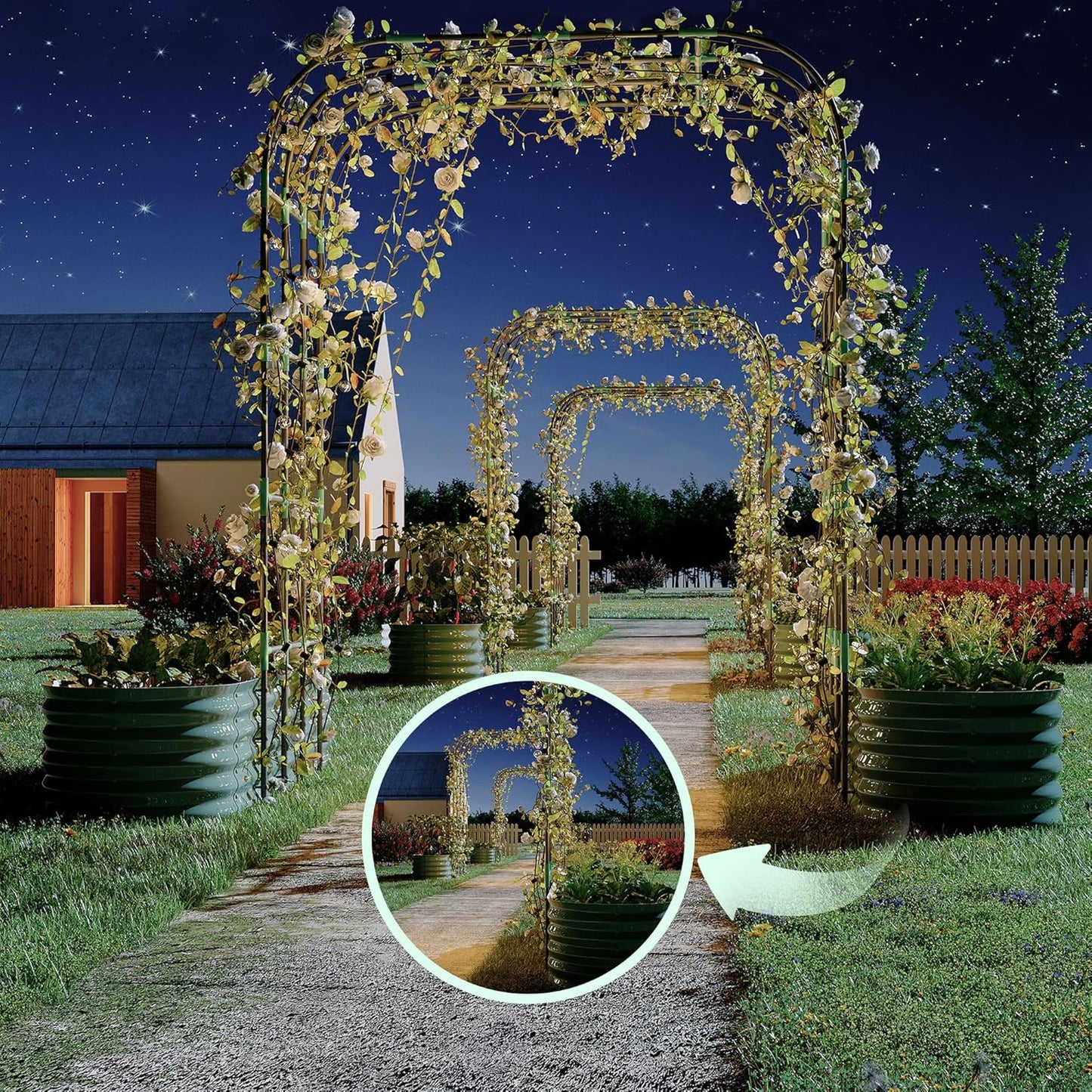 Galvanized Raised Garden Bed with 96" Tall Vertical Arch Trellis – Expandable Rust-Resistant Planter Box for Outdoor Plants, Flowers, Herbs & Vines – Includes Plant Clips, Drainage Netting,Green