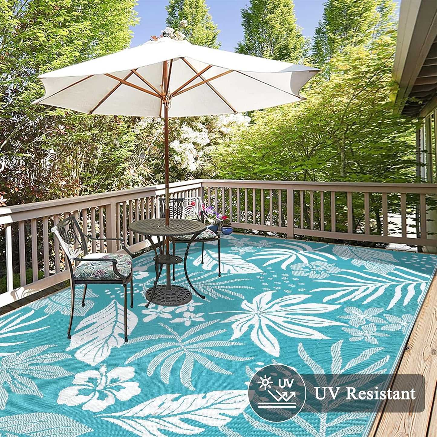 Pauwer Waterproof Outdoor Rug 8x10, Reversible Plastic Straw Patio Camping Rug, Indoor Outdoor RV Mat Carpet for Deck, Camper, Porch, Balcony, Backyard, Picnic, Floral Teal