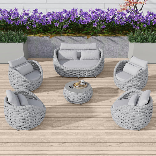 Aluminum Outdoor Patio Furniture Set with Coffee Table, 6 Piece Patio Conversation Sets with Washable Cushions Covers, Patio Sectional Furniture Set for Porch, Balcony, Deck, Yard, Light Grey