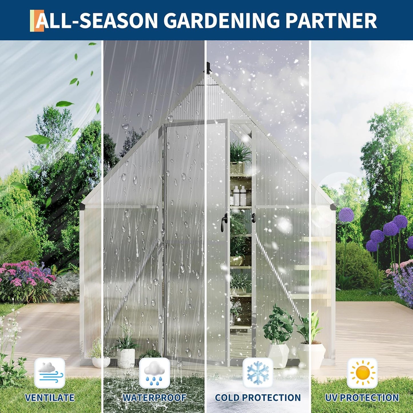 6'X7' Aluminum-Framed Polycarbonate Greenhouse, Heavy Duty Polycarbonate Greenhouse with Quick Setup Structure and Roof Vent, Large Enhanced Aluminum Greenhouses Kit for Outdoors