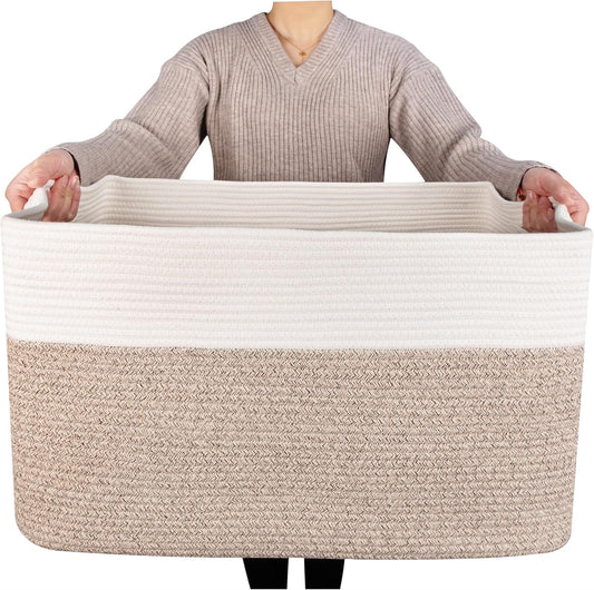 MINTWOOD Design 22in Extra Large Blanket Basket Holder Living Room, Rectangle Rope Woven Storage Basket with Handles for Laundry, Pool Towels, and Shoes, Dog Toy Organizer Bin Box, Light Brown