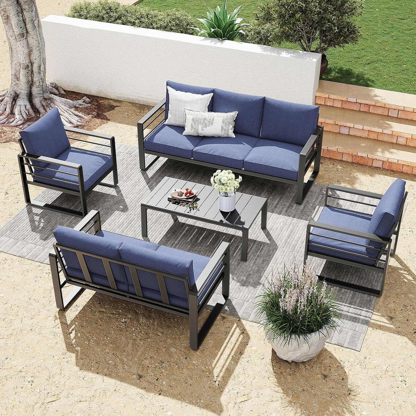 Patiorama Aluminum Patio Furniture Set, 2 PCS Outdoor Armchairs Single Sofa Couch, All Weather Dark Grey Metal Chair with Olefin Cushion, Deep Seating, 300 lbs Capacity, Deck, Garden-Blue Cushion