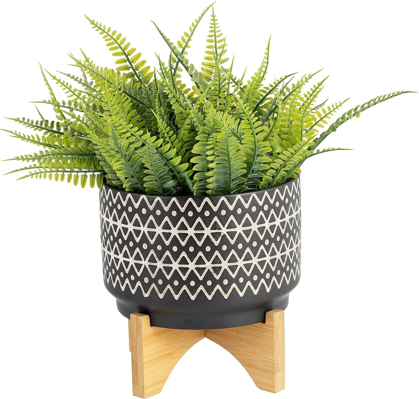Ceramic Planter with Bamboo Stand – Modern Plant Pot with Geometric Pattern – Durable Stoneware Plant Holder for Indoor & Outdoor Plants – Stylish Boho Home Decor – 8", Black