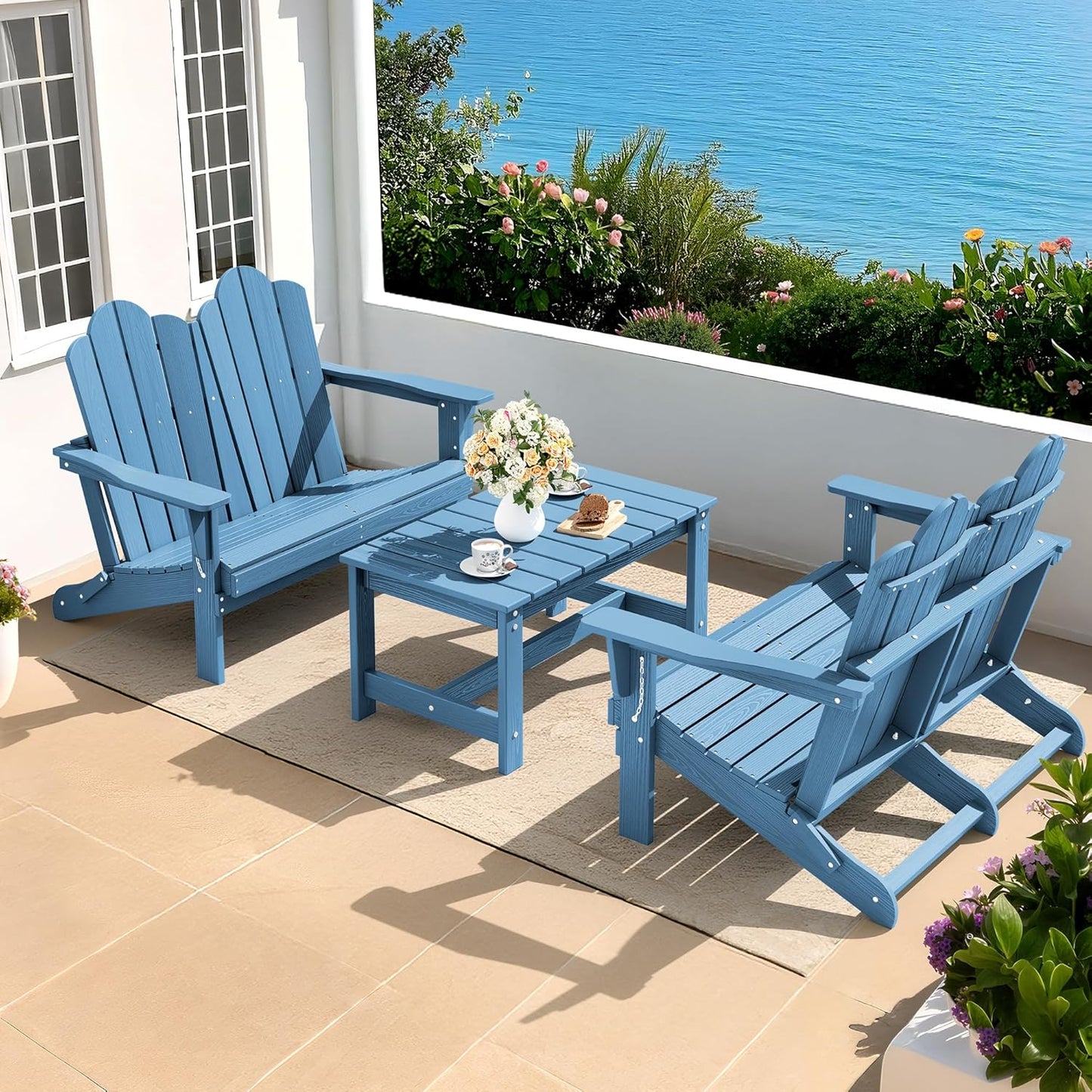 SERWALL Outdoor Folding Adirondack Bench, HDPE All-Weather Adirondack Loveseat, 660 lbs Capacity, Foldable Outdoor Patio Bench for Deck, Lawn, Garden, Navy