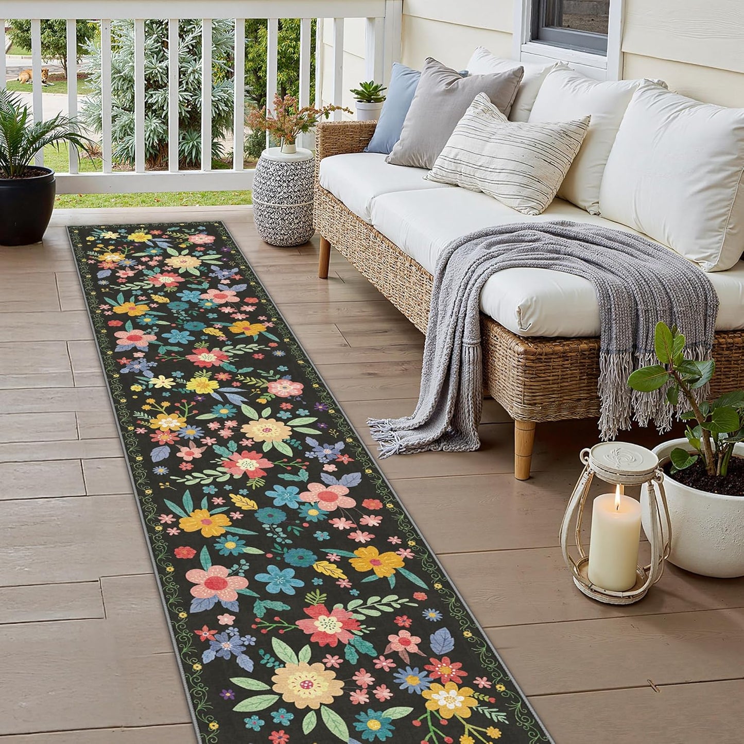 GENIMO Indoor Outdoor Area Rug 2' X 10' Waterproof, Washable Runner Rug Non Shedding, Easy Cleaning Floral Outdoor Carpet for Patio, Living Room, Bedroom, Entryway, Porch, Dining Room, Black
