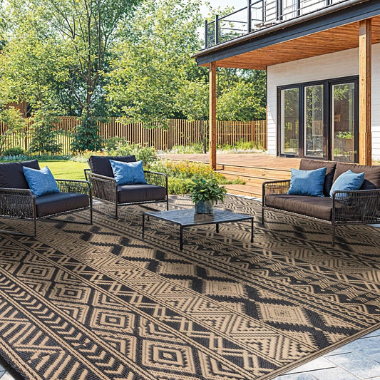 8'x10' Reversible Outdoor Rug - Eco-Friendly Plastic Straw Rug-Heavy-Duty Waterproof Mat, UV & Fade Resistant for Patio, Camping, RV, Deck, Balcony(8x10,Black&Brown)