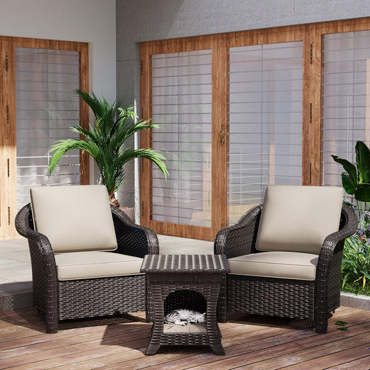 Patio PE Rattan Chairs Set of 2 with Cat Nest End Table, All-Weather & Steel Frame Outdoor Conversation Furniture Set with Washable Cushions for Garden, Bistro, Deck, Yard (Beige)