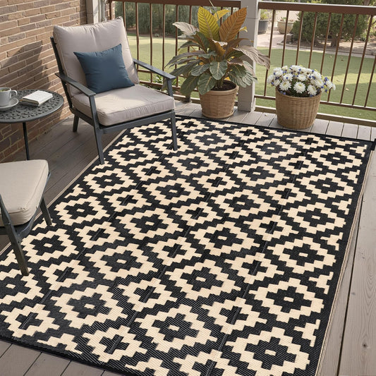 Outdoor Plastic Straw Rug, Waterproof Mat, Washable Large Floor Mat and Rug for Outdoors, RV, Beach, Patio, Camping, Backyard, Deck, Picnic, Indoor Outside (6x9ft,Geometry/Black&Beige)