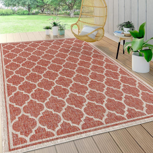 Eyely BMS109C-9 Santa Monica Trebol Moroccan Trellis Textured Weave Indoor/Outdoor Area Rug Coastal;Bohemian, Bedroom, Backyard, Patio, Easy-Cleaning, Non-Shedding, 9 X 12, Red/Beige