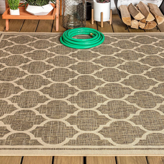 Eyely BMS109A-6 Santa Monica Trebol Moroccan Trellis Textured Weave, Pet Friendly, Non-Shedding, Stain Resistant, Easy-Cleaning, Brown/Beige, 6 ft. x 9 ft., Indoor/Outdoor, Area Rug