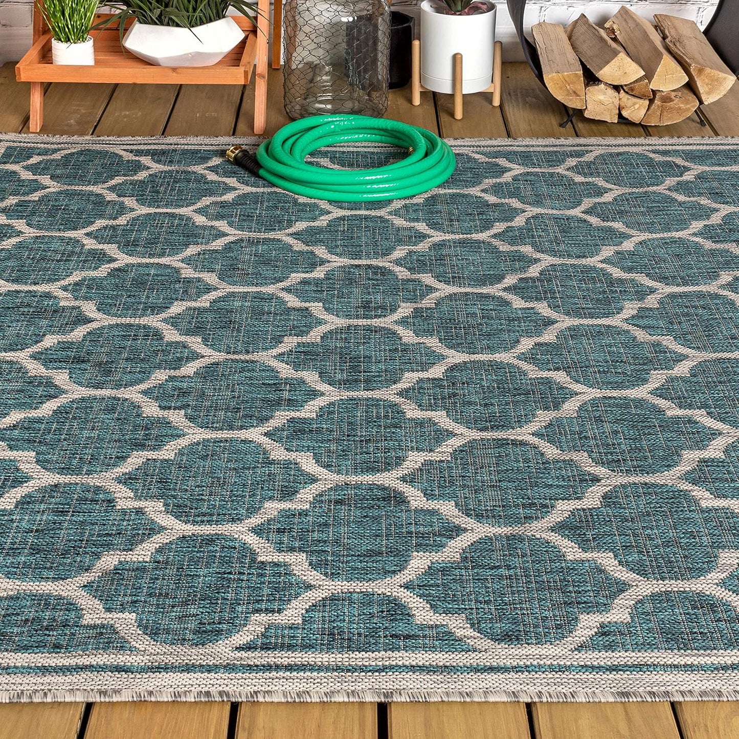 Eyely BMS109E-6 Santa Monica Trebol Moroccan Trellis Textured Weave, Pet Friendly, Non-Shedding, Stain Resistant, Easy-Cleaning, Teal/Gray, 6 ft. x 9 ft., Indoor/Outdoor, Area Rug