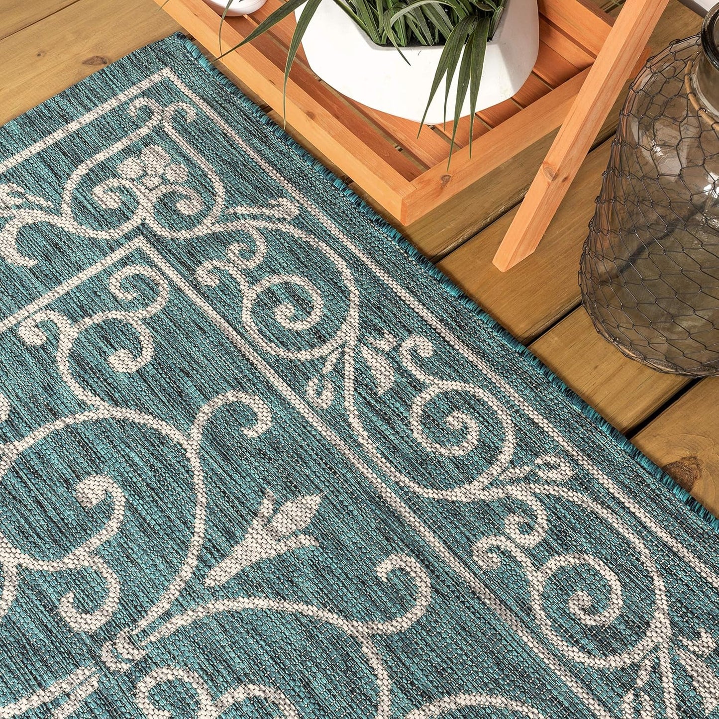 JONATHAN Y SMB106F-5SQ Charleston Vintage Filigree Textured Weave Indoor Outdoor Area Rug Classic Coastal Easy Cleaning Bedroom Kitchen Backyard Patio Non Shedding, 5' Square, Teal/Gray
