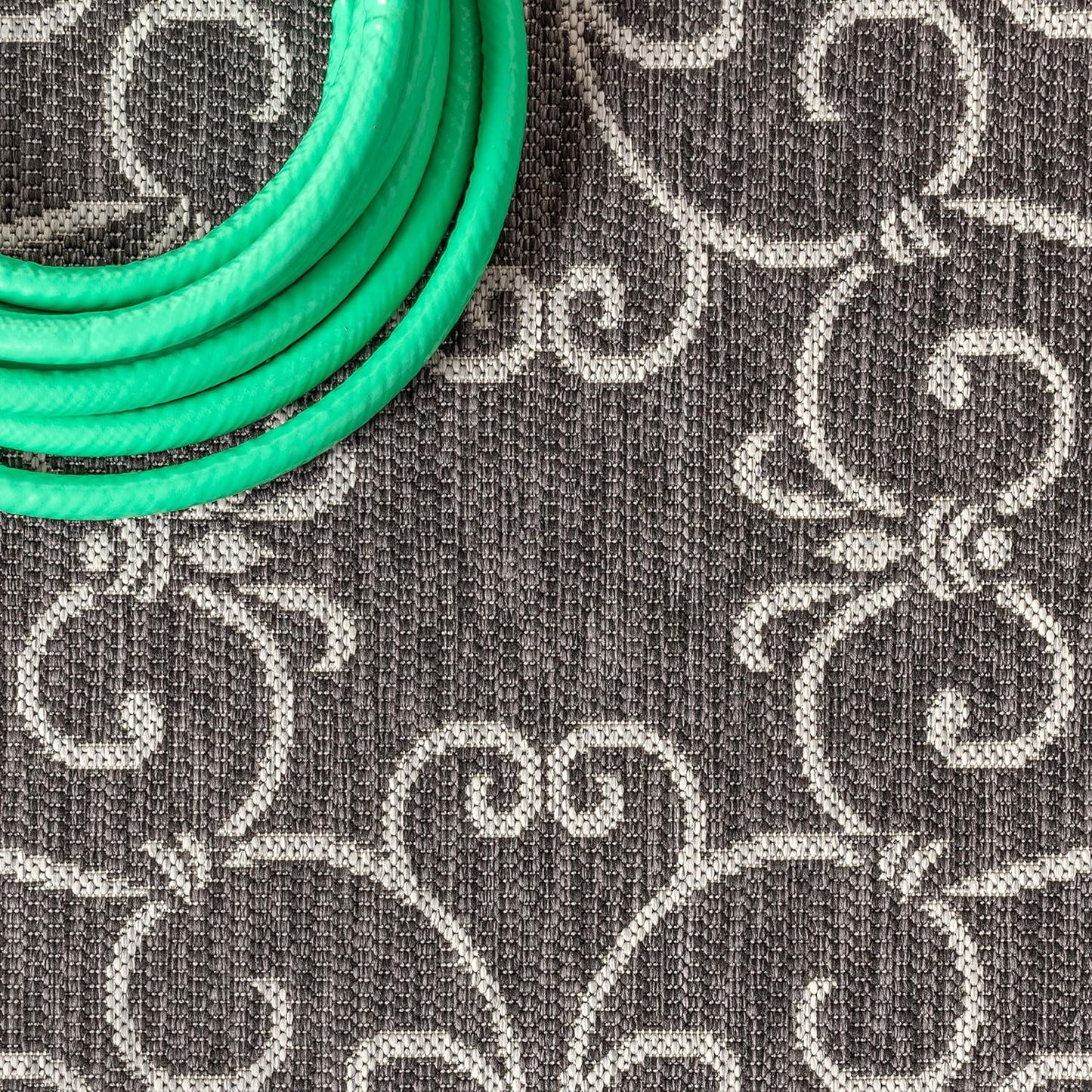 JONATHAN Y SMB106G-210 Charleston Vintage Filigree Textured Weave Indoor Outdoor Runner Rug Classic Coastal Easy Cleaning Bedroom Kitchen Backyard Patio Non Shedding, 2 X 10, Black/Gray