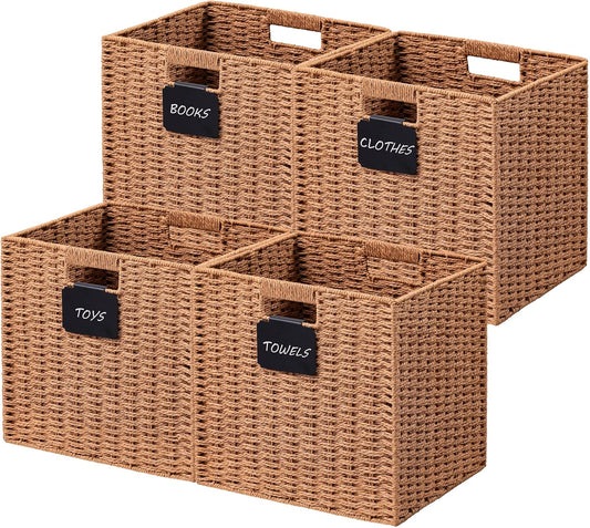 UBBCARE 4 Pack Wicker Basket, 13×13 Storage Cubes with Label, Foldable Cube Storage Bin with Handle, Square Storage Basket for Shelves, Woven Paper Rope Basket for Organizing, Caramel
