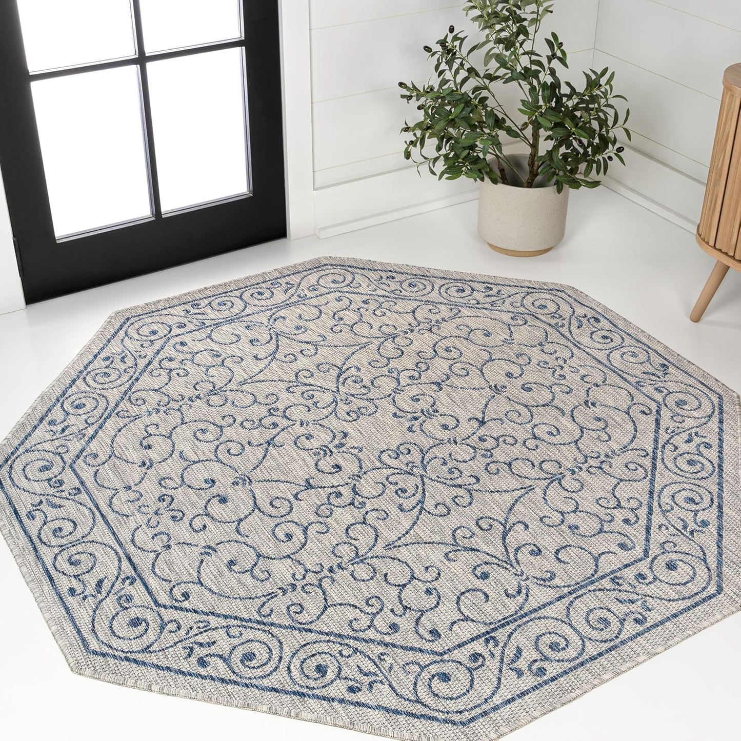 JONATHAN Y SMB106C-5TGN Charleston Vintage Filigree Textured Weave Gray/Navy 5' Octagon Indoor/Outdoor Area Rug, Non-Shedding, Stain Resistant,Fade Resistant, Easy-Cleaning for Backyard Patio, Porch