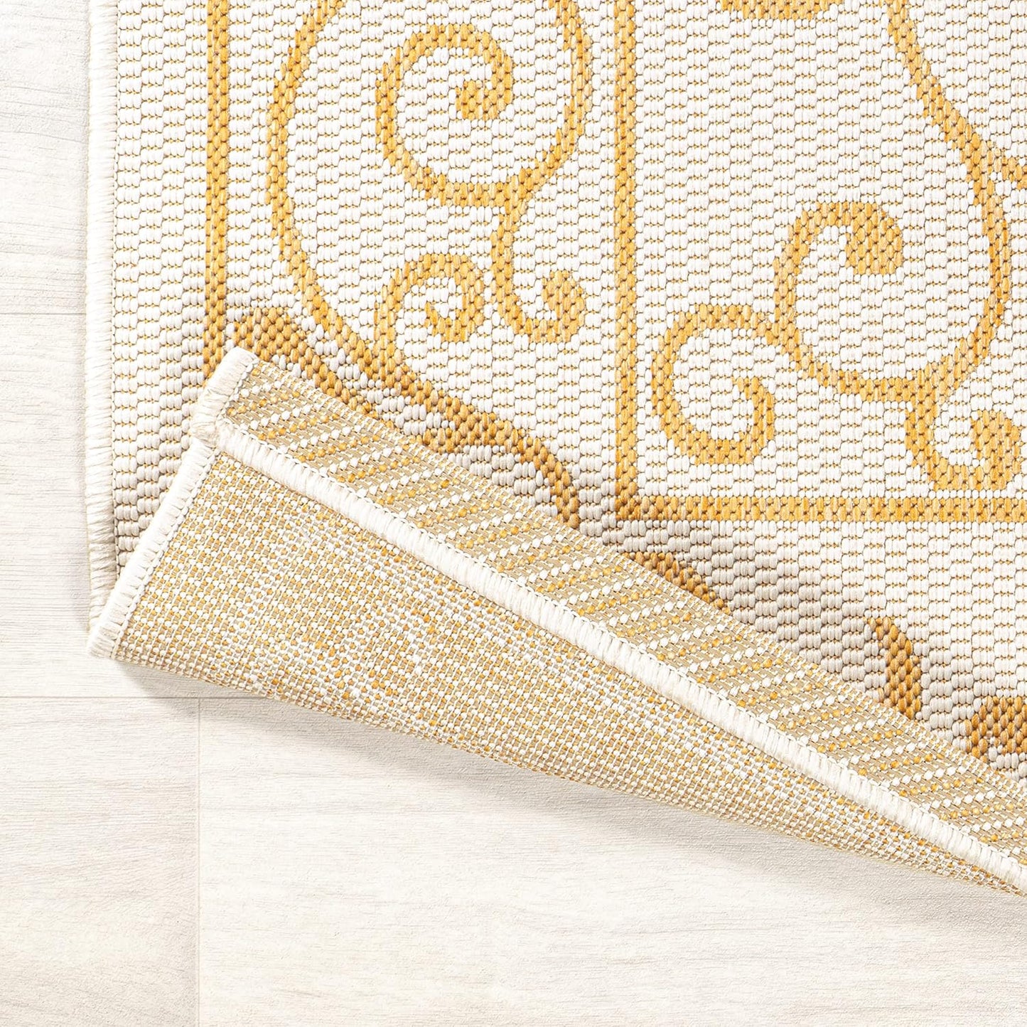 JONATHAN Y SMB106M-28 Charleston Vintage Filigree Textured Weave Indoor Outdoor Runner Rug, Classic, Traditional, Transitional Easy Clean,Bedroom,Kitchen,Backyard,Patio, Non-Shed, Cream/Yellow, 2 X 8