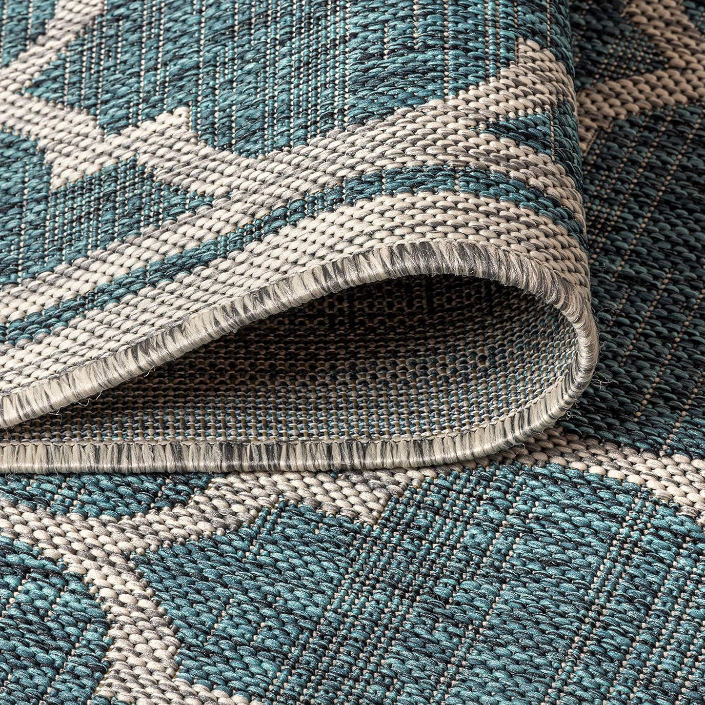 Eyely BMS109E-4SQ Santa Monica Trebol Moroccan Trellis Textured Weave, Pet Friendly, Non-Shedding, Stain Resistant, Easy-Cleaning, Teal/Gray, 4' Square, Indoor/Outdoor, Area Rug