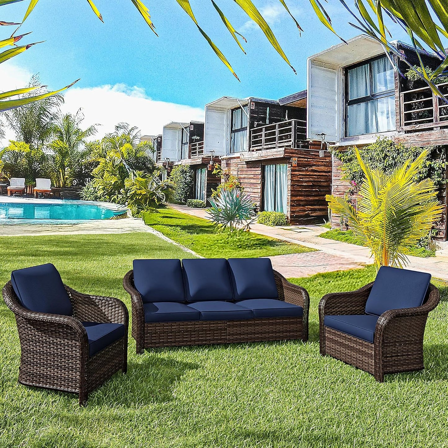 3 Pieces Outdoor Patio Conversation Set, 78" Couch, 2 Chairs, Rattan Wicker Conversation Furniture with Removable Cushions for Bistro, Deck (Navy Blue)