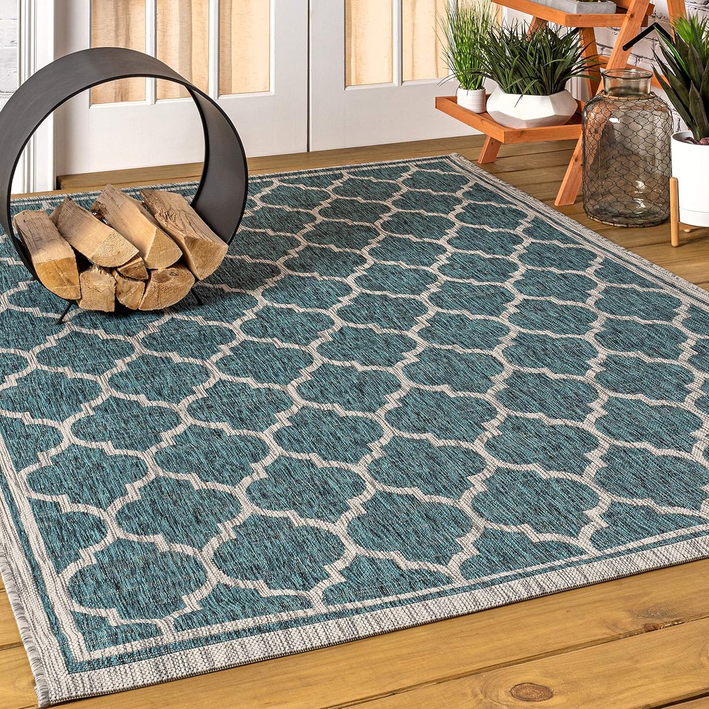 Eyely BMS109E-9 Santa Monica Trebol Moroccan Trellis Textured Weave Indoor/Outdoor Area Rug Coastal;Bohemian, Bedroom, Backyard, Patio, Easy-Cleaning, Non-Shedding, 9 X 12, Teal/Gray