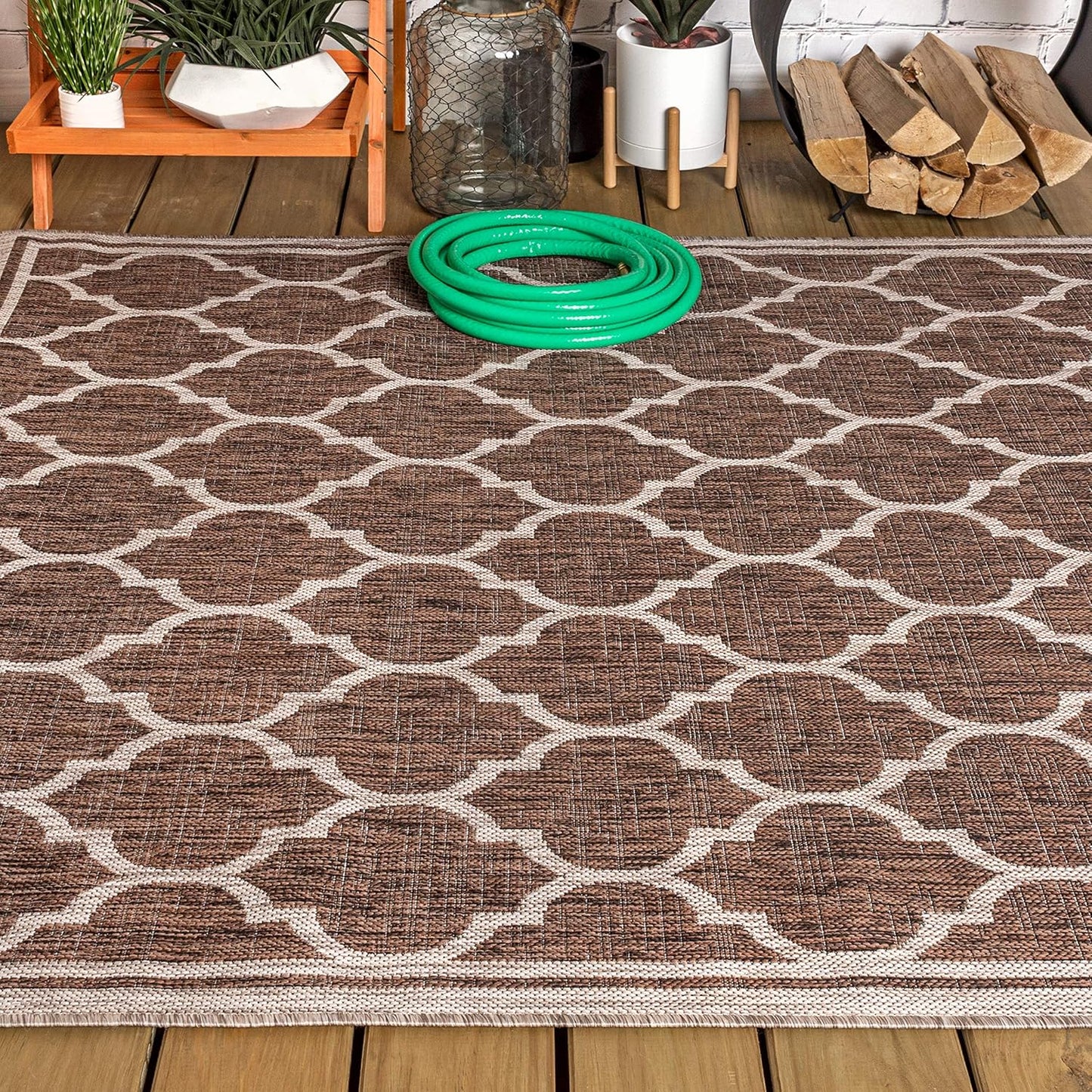 Eyely BMS109B-9 Santa Monica Trebol Moroccan Trellis Textured Weave Indoor/Outdoor Area Rug Coastal;Bohemian, Bedroom, Backyard, Patio, Easy-Cleaning, Non-Shedding, 9 X 12, Espresso/Taupe