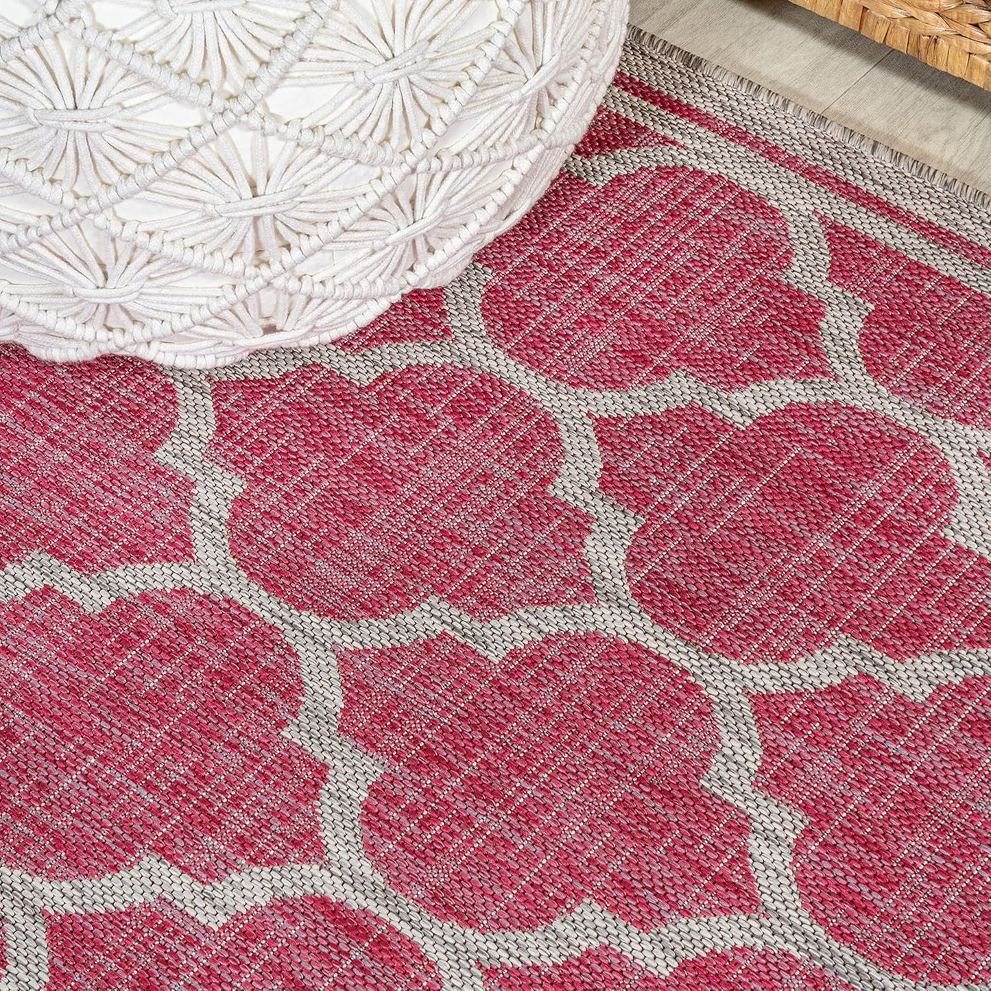 Eyely BMS109H-210 Santa Monica Trebol Moroccan Trellis Textured Weave Indoor/Outdoor Runner Rug Coastal;Bohemian, Bedroom, Backyard, Patio, Easy-Cleaning, Non-Shedding, 2 X 10, Fuchsia/Light Gray