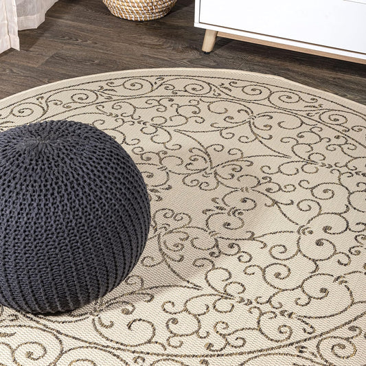 JONATHAN Y SMB106A-9R Charleston Vintage Filigree Textured Weave Beige/Brown 9' Round Indoor/Outdoor Area Rug, Pet Friendly, Non-Shedding, Stain Resistant, Easy-Cleaning for Backyard, Patio, Porch