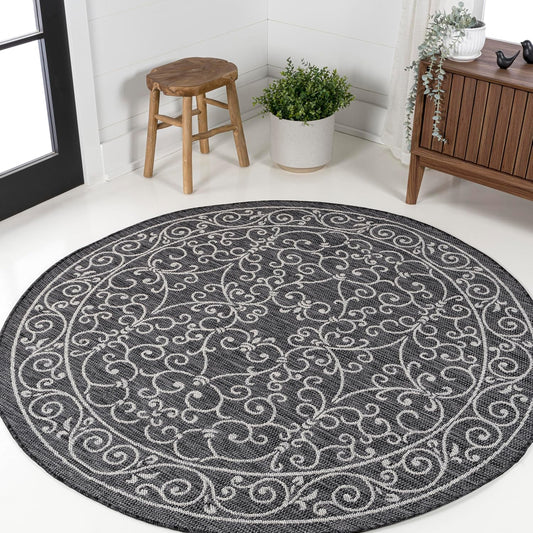JONATHAN Y SMB106G-6R Charleston Vintage Filigree Textured Weave Black/Gray 6' Round Indoor/Outdoor Area Rug, Pet Friendly, Non-Shedding, Stain Resistant, Easy-Cleaning for Backyard, Patio, Porch