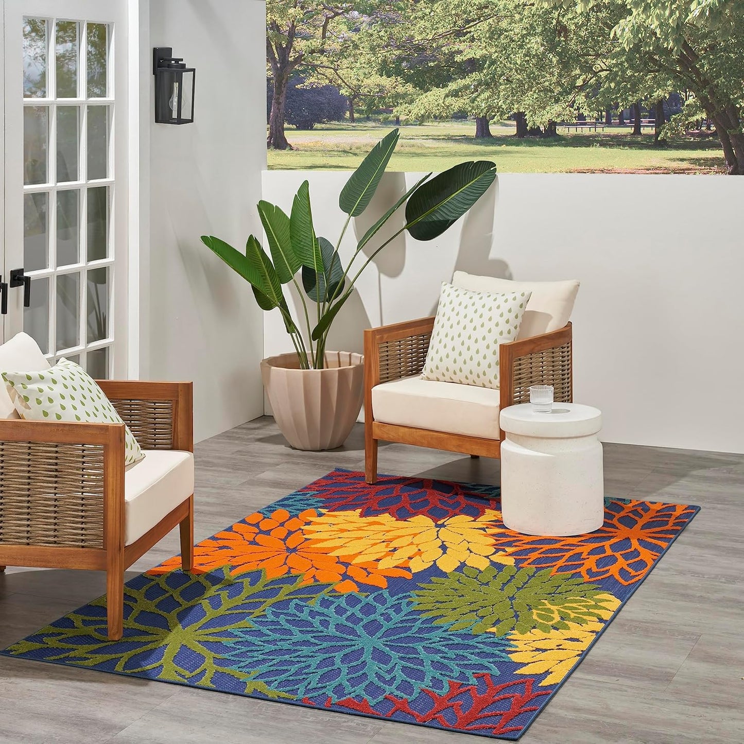 Nourison Home Aloha Indoor-Outdoor Navy Multicolor 5'3" x 7'5" Area Rug, Easy Cleaning, Non Shedding, Bed Room, Living Room, Dining Room, Backyard, Deck, Patio (5x7)