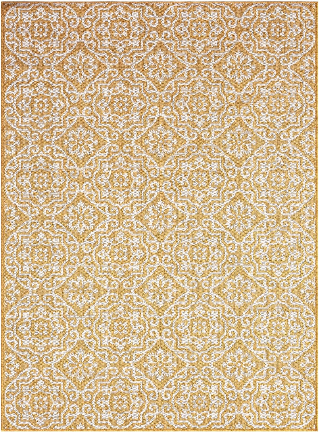 Nicole Miller New York Patio Country Julia Transitional Geometric Indoor/Outdoor Area Rug, Yellow/White, 7'9"x10'2"