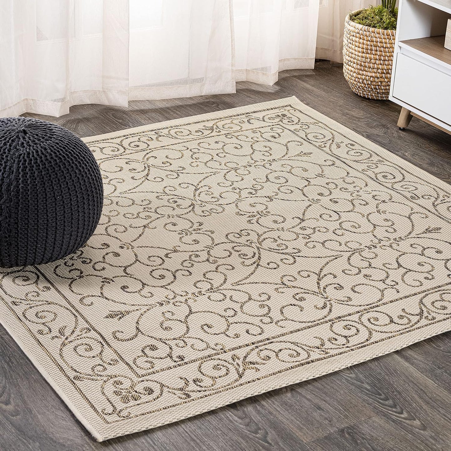 JONATHAN Y SMB106A-8SQ Charleston Vintage Filigree Textured Weave Beige/Brown 8' Square Indoor/Outdoor Area Rug, Pet Friendly, Non-Shedding, Stain Resistant, Easy-Cleaning for Backyard, Patio, Porch