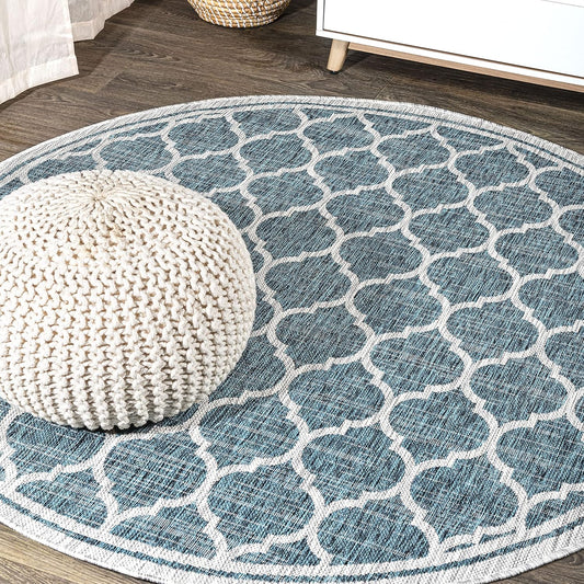 Eyely BMS109E-6R Santa Monica Trebol Moroccan Trellis Textured Weave, Pet Friendly, Non-Shedding, Stain Resistant, Easy-Cleaning, Teal/Gray, 6' Round, Indoor/Outdoor, Area Rug