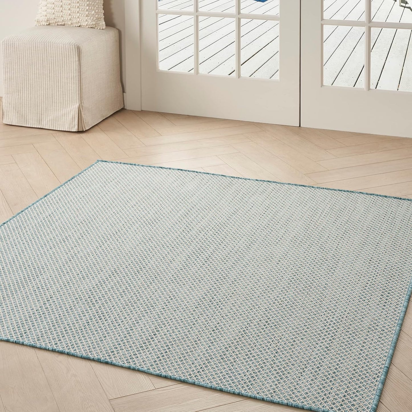 Nourison Home Courtyard Indoor/Outdoor Ivory/Aqua 5' x Square Area Rug, Easy Cleaning, Non Shedding, Bed Room, Living Room, Dining Room, Backyard, Deck, Patio (5 Square)